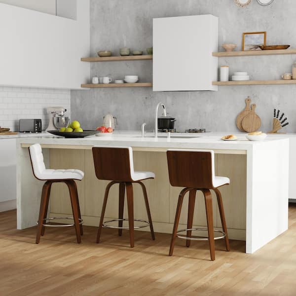Simpli Home Roland Mid Century Modern 24 in. Wood Swivel Counter Height Stool in White Vegan Faux Leather