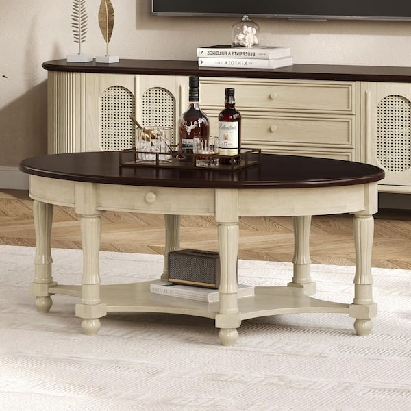 Wills Vintage 45 in. Beige and Espresso Cocktail Oval Wood Top Coffee Table with Drawer and Shelf