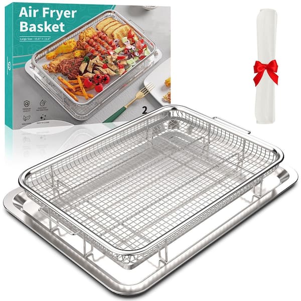 2-Piece Air Fryer Tray and Pan Set with 30-Pieces Parchment Papers, Stainless Steel Oven Air Fryer Basket and Tray