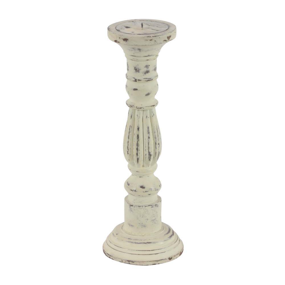 Distressed White Mango Wood Candle Holder Set, 21" 17" 15"