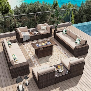 13-Piece Outdoor Fire Pit Patio Set, Patio Sectional Set with Fire Pit Table, Coffee Table, Beige Cushions, Set Covers