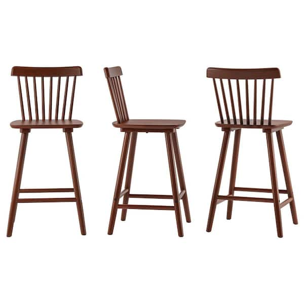 Windsor 24 in. Walnut Solid Wooden Bar Stool for Kitchen Island Counter Height Stool with Spindle Back Set of 3