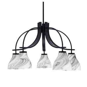 Olympia 16.5 in. 5-Light Matte Black Downlight Chandelier 25 in. Onyx Swirl Glass Shade