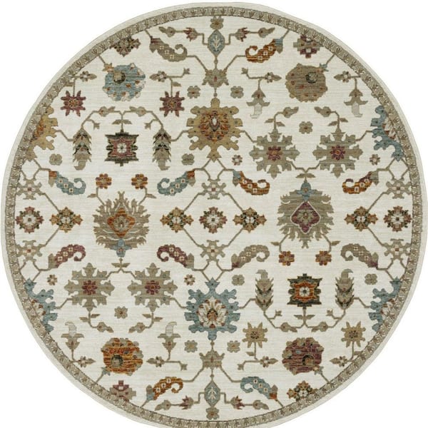 8' Round Ivory, Gray, Light Blue Oriental Washable Area Rug Runner Rug