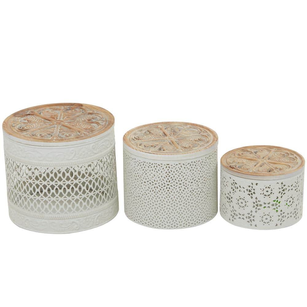 White Metal Laser Cut Metal Decorative Jars with Carved Wood Lids (Set of 3) -  Litton Lane, 043022