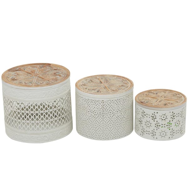 Litton Lane White Metal Laser Cut Metal Decorative Jars with Carved Wood Lids (Set of 3)