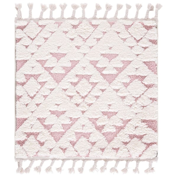 Moroccan Tassel Shag 3 ft. x 3 ft. Square Ivory/Pink High-Low Geometric Fringe Area Rug