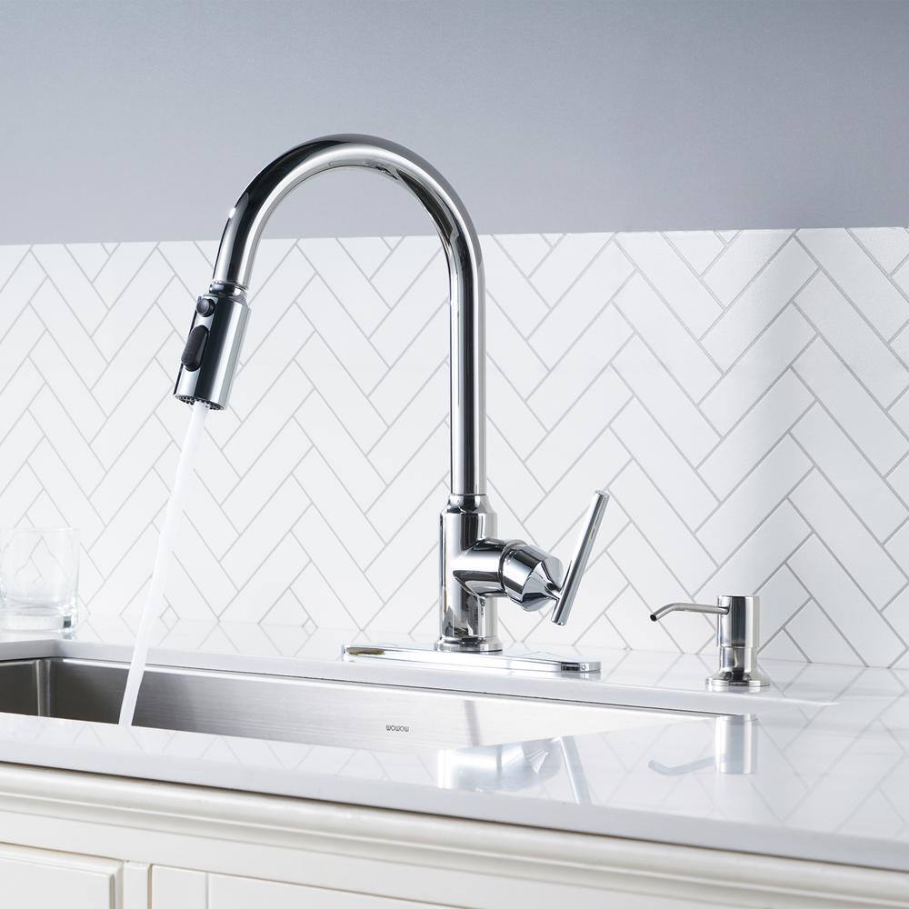 Polished Chrome Stainless Steel Pull Down Kitchen Faucet with Soap Dispenser