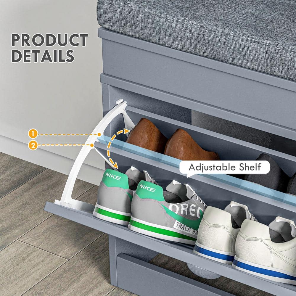 Gray Modern Shoe Rack Bench with Cushion and Storage Drawers