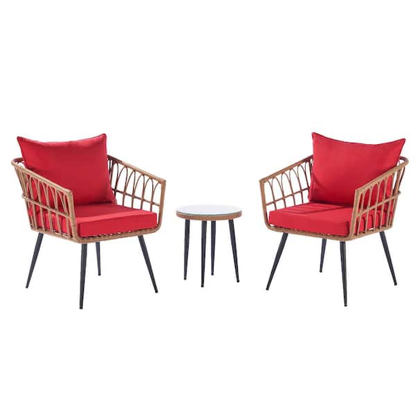 GAWEZA 3-Piece PE Rattan Wicker Patio Conversation Set with Red Cushions