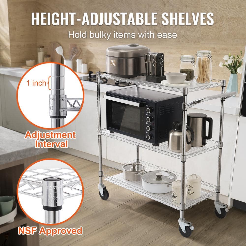 VEVOR 3-Tier Stainless Steel Utility Cart with Wheels and Hooks