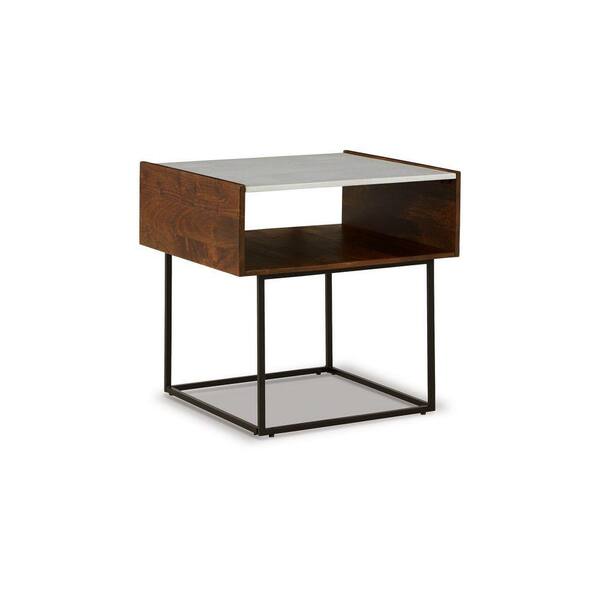 Benjara 21.88 in. Brown, Black and White Rectangle Marble End Table with Metal Base