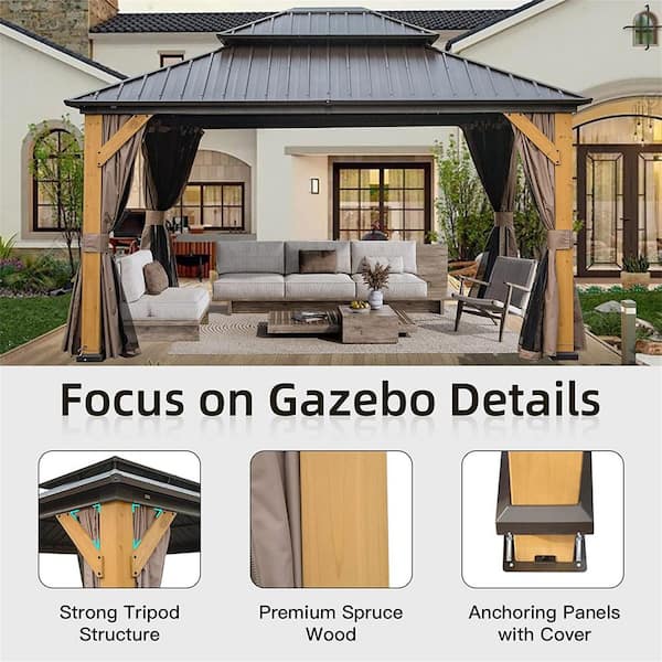 12 ft. x 14 ft. Outdoor Cedar Wood Frame Hardtop Gazebo with Galvanized Steel Double Roof, Curtains and Netting