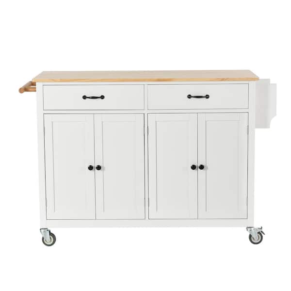 Polibi 54.3 in. W White Kitchen Cart with Locking Wheels, 4-Door Cabinet and 2-Drawers, Spice Rack, Towel Rack