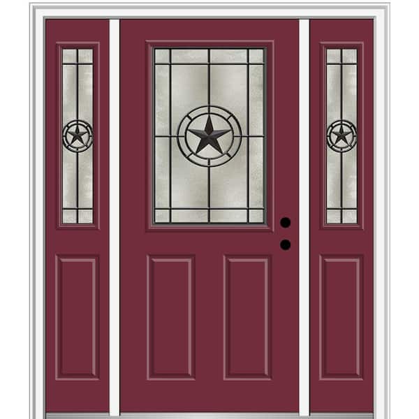 MMI Door Elegant Star 64 in. x 80 in. Left-Hand Inswing 1/2 Lite Decorative Glass Burgundy Painted Fiberglass Prehung Front Door