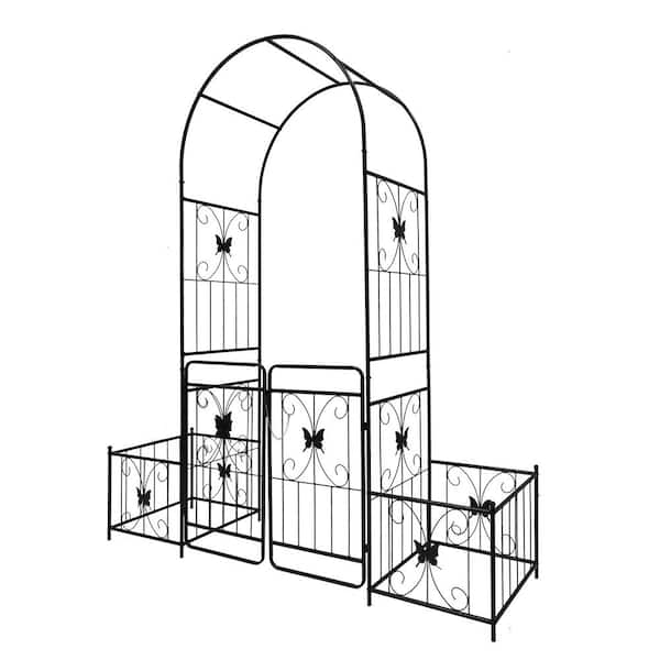 COOLSHARK 86 .6 in. H x 79.5 in. W Outdoor Metal Garden Trellises Climbing Plants Support Garden Arbor, Rose Arch with Gate, Black