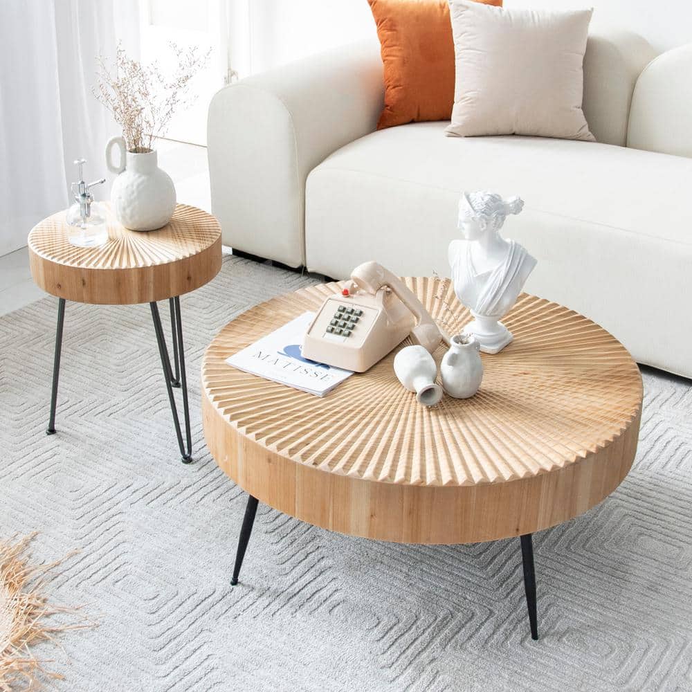 Fuin Modern Farmhouse Round Natural Finish Living Room Coffee Table Set F04066 1 The