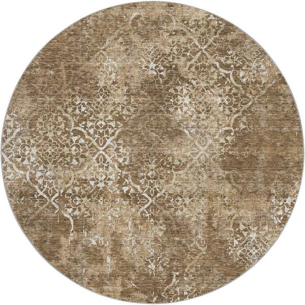 Dream Shag Premium Machine Washable Abstract ADS769 Brown 8 ft. x 8 ft. Round Rug