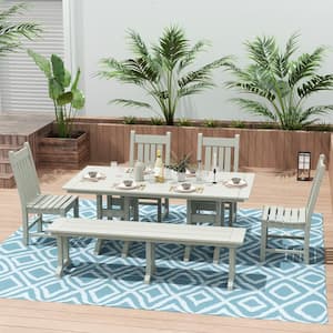 Hayes 6-Piece All Weather HDPE Plastic Rectangle Table Outdoor Patio Dining Set with Bench in Sand