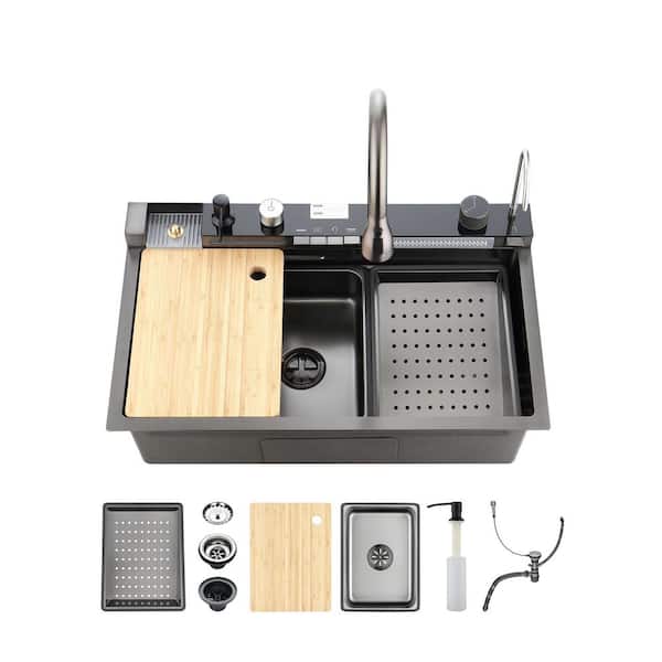 27.6 in. Undermount Single Bowl Black Stainless Steel Kitchen Sink, Pull-out Facuet Single Bowl Whale Waterfall Sink