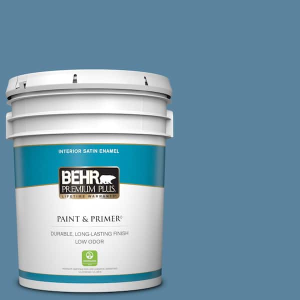 BEHR PREMIUM PLUS 5 gal. #BIC-38 Honest Blue Satin Enamel Low Odor Interior Paint & Primer