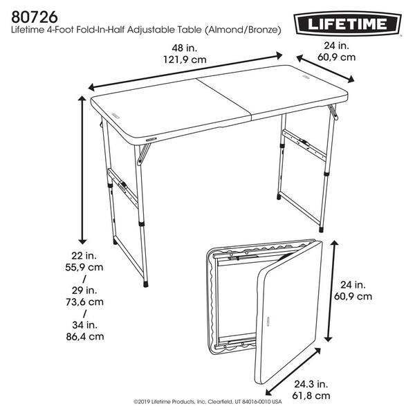 Lifetime 4 Ft One Hand Adjustable Height Fold In Half Table Almond 80726 The Home Depot 4 Ft One Hand Adjustable Height, What Size Is A Standard Folding Table