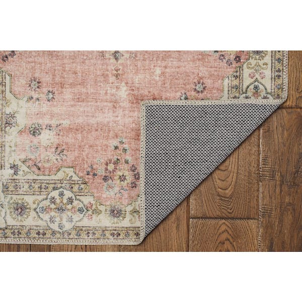 Washable Blaire Pink and Ivory 5 ft. x 7 ft. Distressed Polyester Area Rug