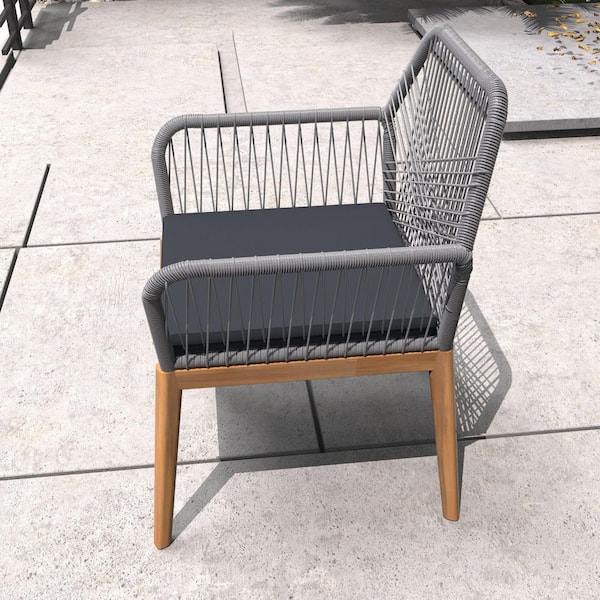 Outdoor Acacia Wood Rope Weaving Chair With Black Cushions (2-Pack)