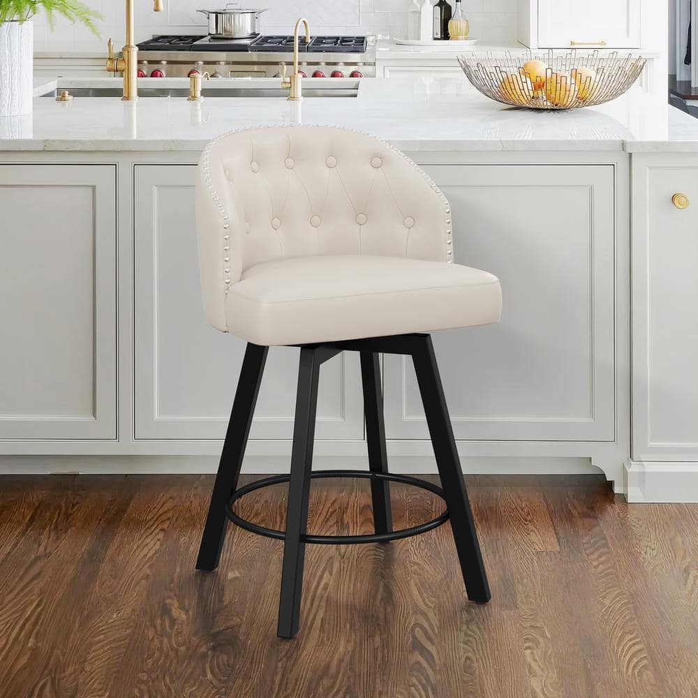 Antique White Faux Leather Swivel Counter Height Bar Stool with Metal Legs