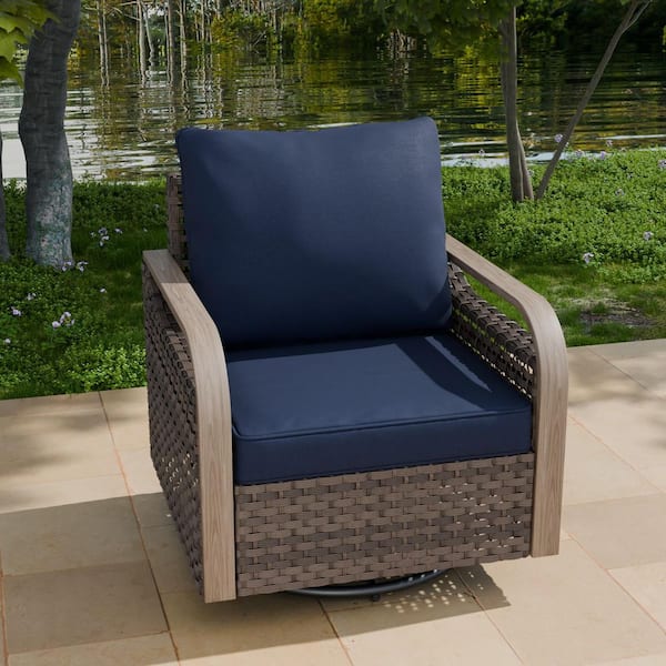 Brown Wicker Outdoor Rocking Chair Patio Swivel Chair with Blue Cushions (1-Pack)