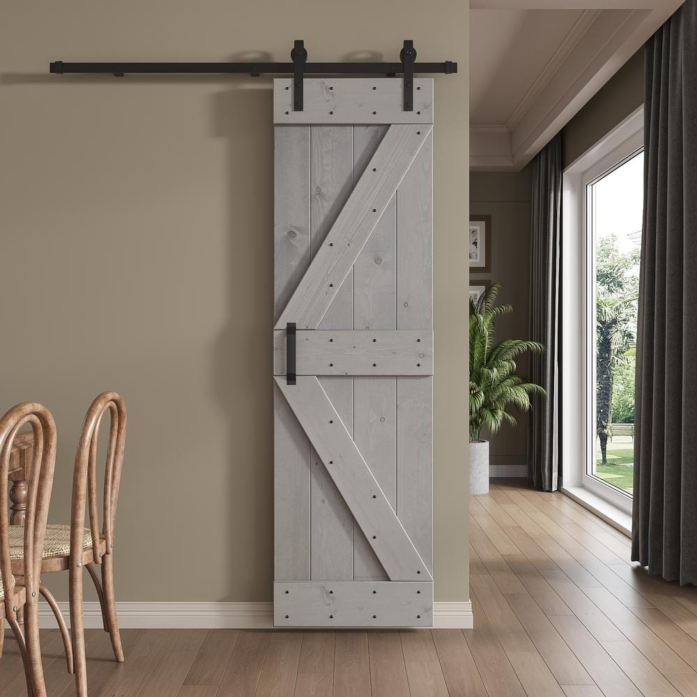 Light Grey Pine Wood Sliding Barn Door with Black Hardware Kit