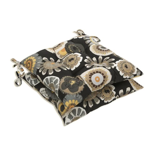 Pillow Perfect Floral 19 in. x 18.5 in. Outdoor Dining Chair Cushion in Black/Yellow (Set of 2)