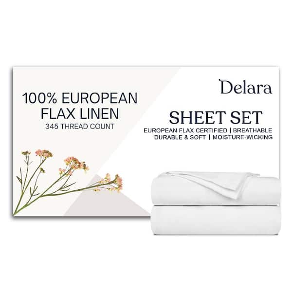 Delara 4-Piece Set White Solid Color 100% European Flex Linen, Full, Smooth and Breathable, Super Soft Sheet Sets