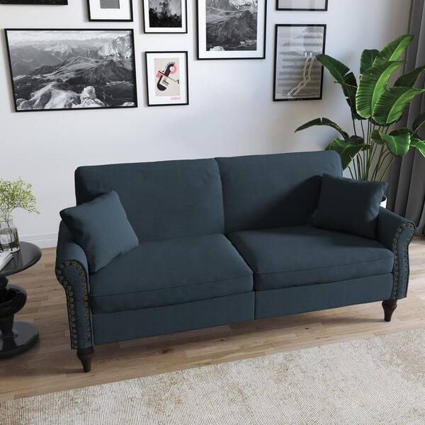 Uixe 73.3 in. Dark Blue Linen Upholstered Rolled Arm 2