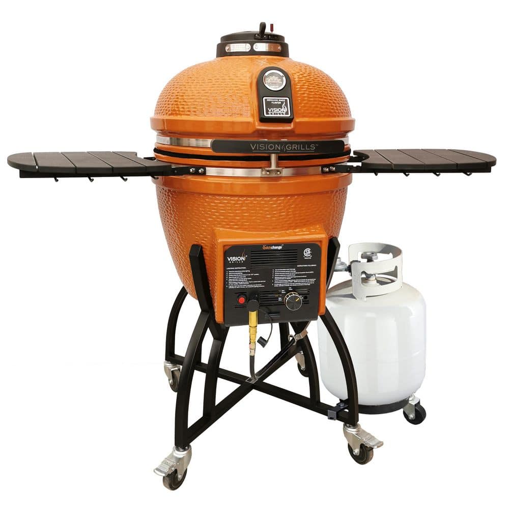 22 in. Kamado Dual Fuel Charcoal/Gas Grill in Orange with Cover, Gas Burner Kit, Cart, Shelves, Lava Stone, Ash Drawer