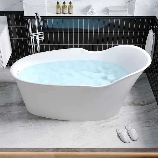 66 in. x 34 in. Acrylic Flat Bottom Freestand Soaking Bathtub with Drain in Glossy White