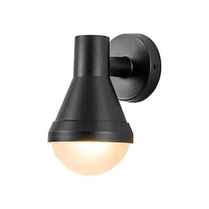 Tiernan 1-Light Satin Black Conical Metal Outdoor Hardwired Waterproof Lantern Wall Sconce with Frosted Opal Glass