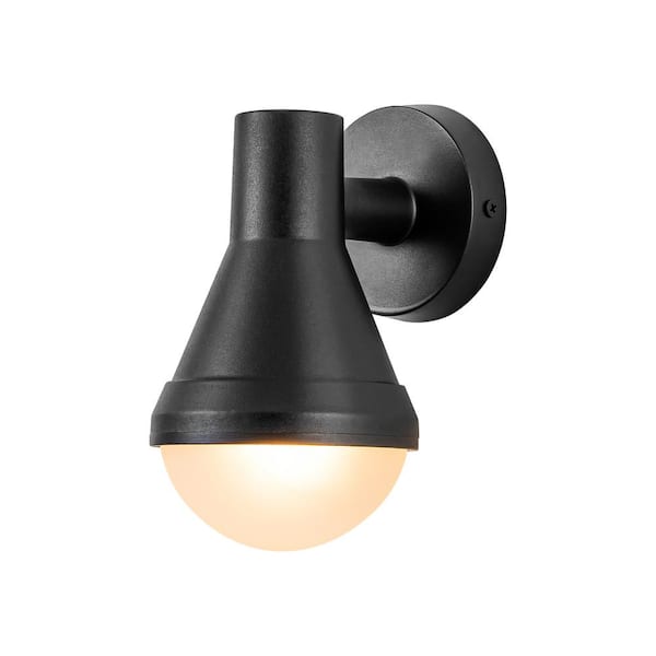 RRTYO Tiernan 1-Light Satin Black Conical Metal Outdoor Hardwired Waterproof Lantern Wall Sconce with Frosted Opal Glass