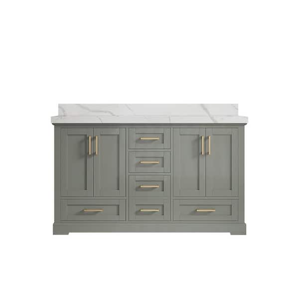 Willow Collections Boston 60 in. W x 22 in. D x 36 in . H Double Sink Bath Vanity in Evergreen with 2" Calacatta Quartz Top