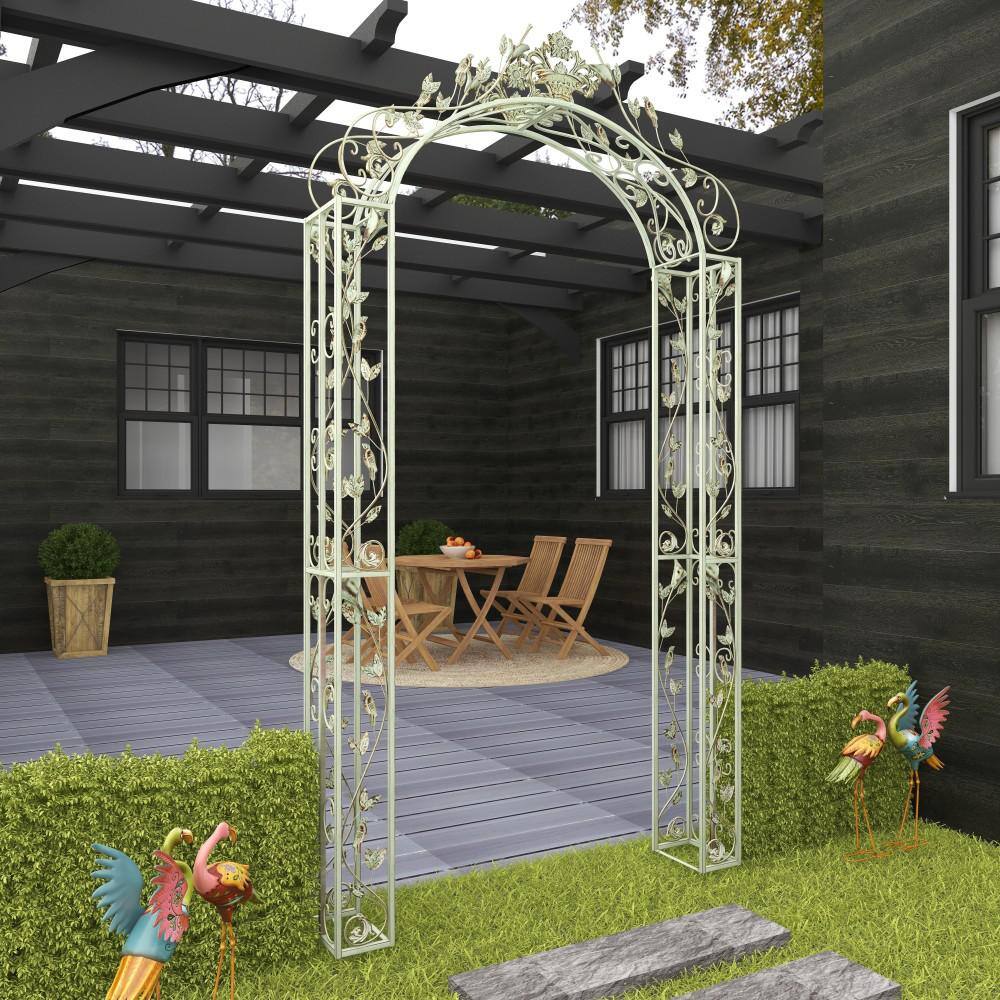Green Wrought Iron Scrollwork Arched Garden Arbor with Bird Sculptures