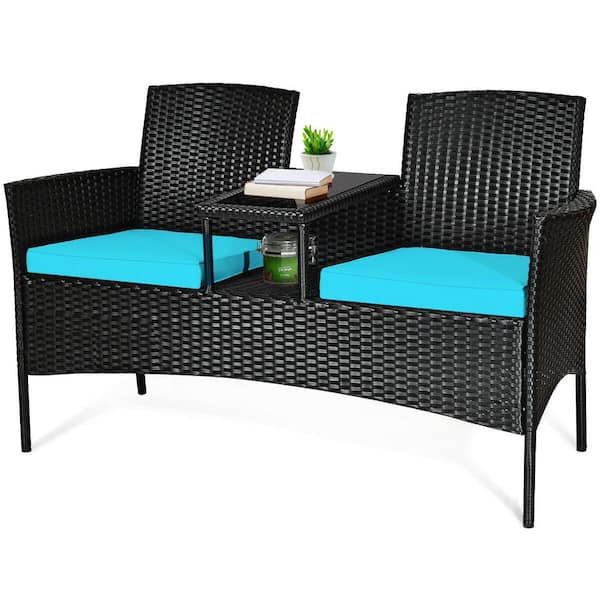 Unbranded 1-Piece Rattan Patio Conversation Set with Turquoise Cushions and Coffee Table
