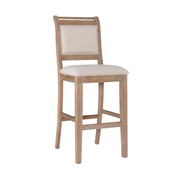 Linon Home Decor Kendra 30 in. Natural High Back Wood Bar Stool with Fabric Seat
