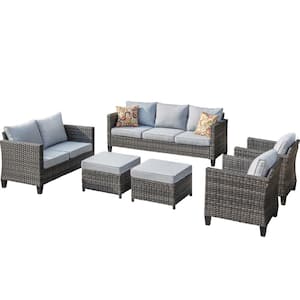 Megon Holly Gray 6-Piece Wicker Outdoor Patio Conversation Seating Set and Loveseat with Gray Cushions