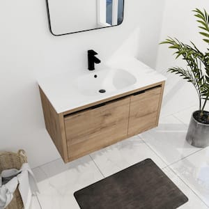 Anky 35.6 in. W x 18.5 in. D x 19.4 in. H Single Sink Bath Vanity in Imitative Oak with White Gel Top