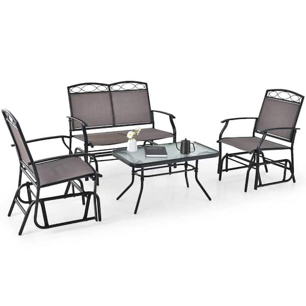 Gymax 4-Piece Metal Patio Conversation Set Outdoor Glider Chair and Table Set
