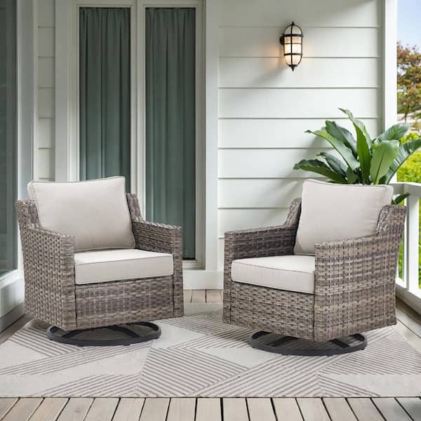 New Kalixx Gray Wicker Patio Lounge Outdoor Rocking Chair Swivel Chair with Beige Cushions (2-Pack)