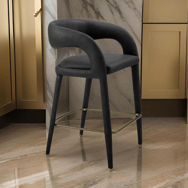 25.6 in. Black and Brass Low Back Metal Frame Bar Stool with Faux Leather Seat
