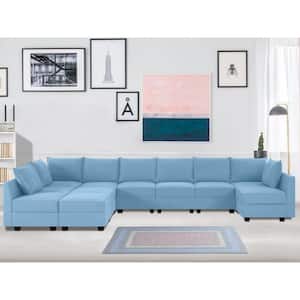 Modern 9 Seater Upholstered Sectional Sofa with Double Ottoman - Robin Egg Blue Linen