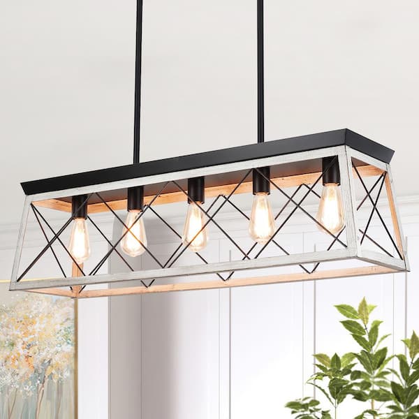 ZJVAIVE 5-Light Light Grey Rectangle Linear Island Chandelier for Dining Room Kitchen with No Bulbs Included