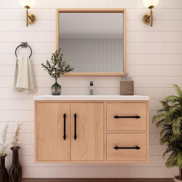 Victoria 36 in. W x 20 in. D x 22 in. H Single Sink Floating Bath Vanity in Red Oak with White Acrylic Top